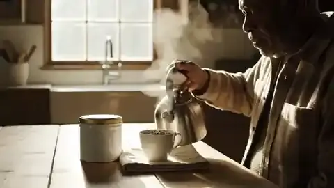 A man at the end of a long kitchen table pouring hot water from a kettle into a cup of loose tea leaves