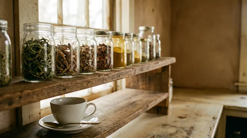 A kitchen shelf with a row of glass jars filled with dried herbs, roots, bark and spices
