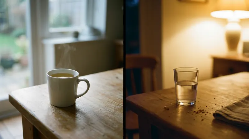 Split frame of a long table, a cup of pale tea in morning light on one side and a glass of water under an evening lamp on the other