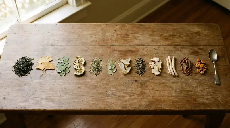 Twelve small heaps of dried leaves, roots, bark and spice in a row on a wooden table, a teaspoon at the end