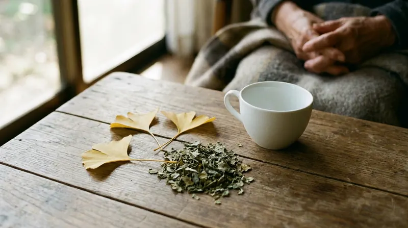 Golden fan-shaped ginkgo leaves and a small heap of dried leaf beside a white teacup