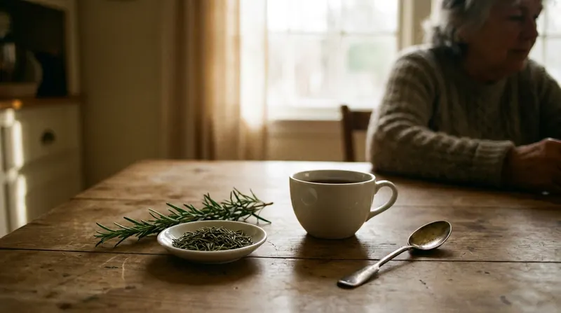 Fresh rosemary sprigs and a small dish of dried rosemary needles beside a white teacup