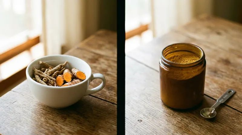 Two-part view of dried ashwagandha and turmeric root in a teacup beside a small plain jar of concentrated powder