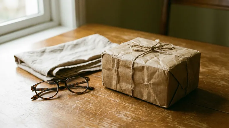 A small brown-paper parcel tied with string on a kitchen table beside a pair of reading glasses