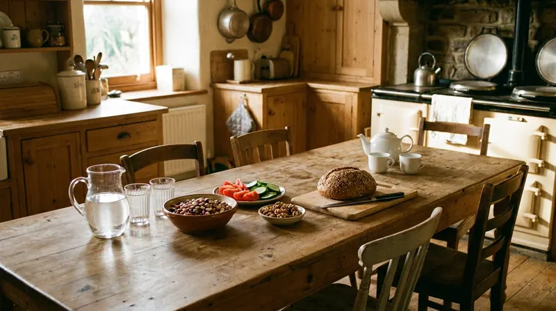 A long wooden kitchen table set with a jug of water, beans, vegetables, walnuts, bread and a teapot