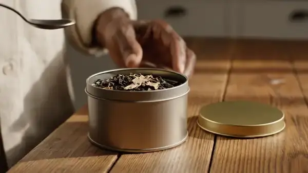 A hand lifting a level teaspoon of loose-leaf tea out of an open round tin on a wooden table