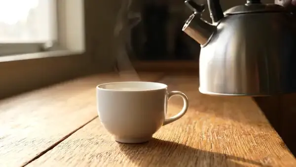 Steaming water poured from a kettle into a white cup, loose tea leaves swirling up from the bottom