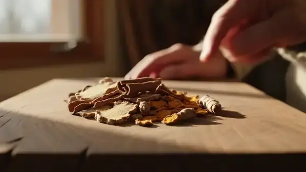 A fingertip pushing apart dried cinnamon bark, ginger slices and turmeric pieces on a wooden board