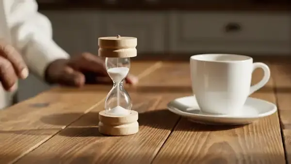 A hand turning over a small sand timer beside a cup covered with a saucer