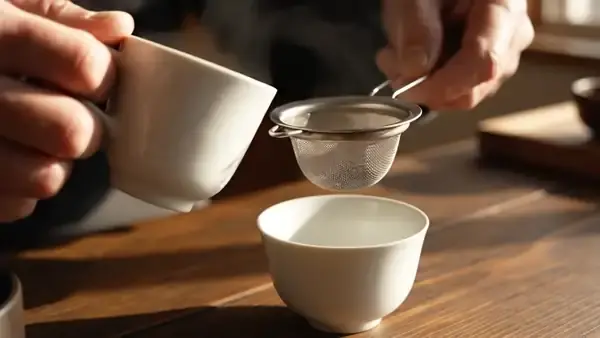 Pale golden tea poured through a small mesh strainer into a second cup, wet leaves caught in the strainer
