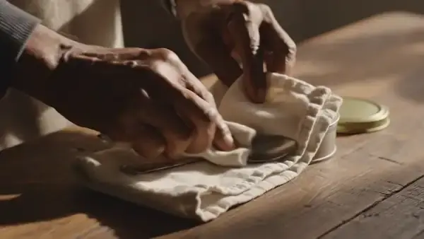 Hands drying a teaspoon with a tea towel and pressing the gold lid down on a round tin