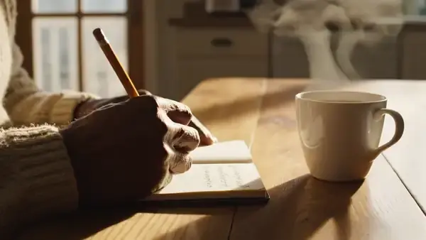 A hand writing a short line in a small notebook beside a cup of pale tea